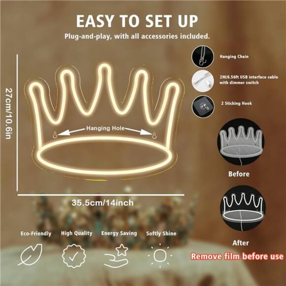 Crown Neon Signs Led Crown Neon Light Large Wall Hanging Lights Art Decor Neon - Picture 2 of 7